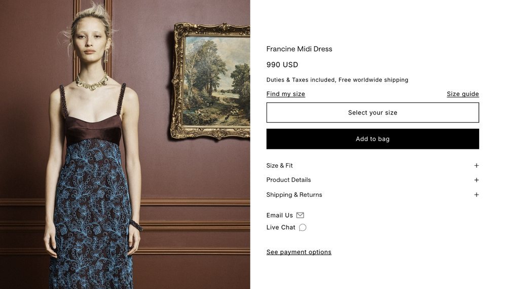 A product page priced in USD, with duties and taxes included