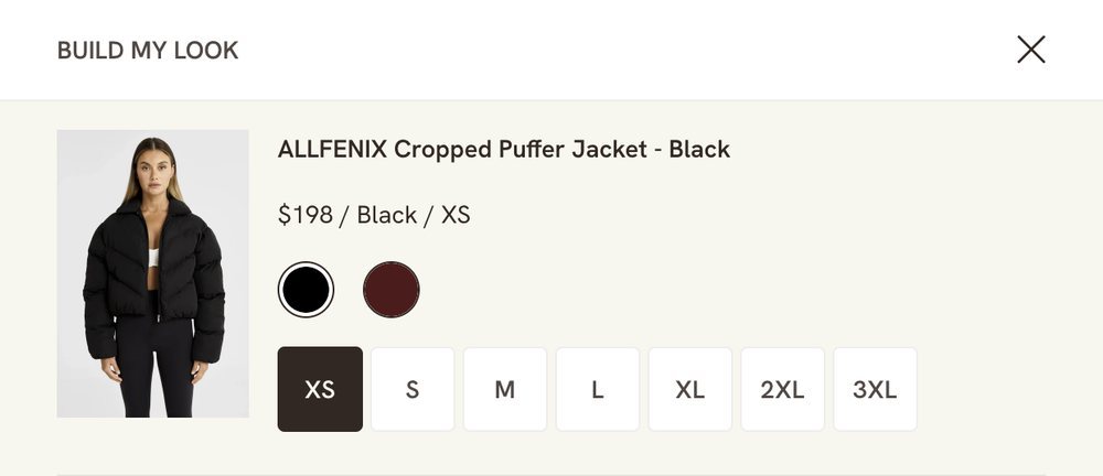 The Build My Look drawer, picking a piece and size for a bundle