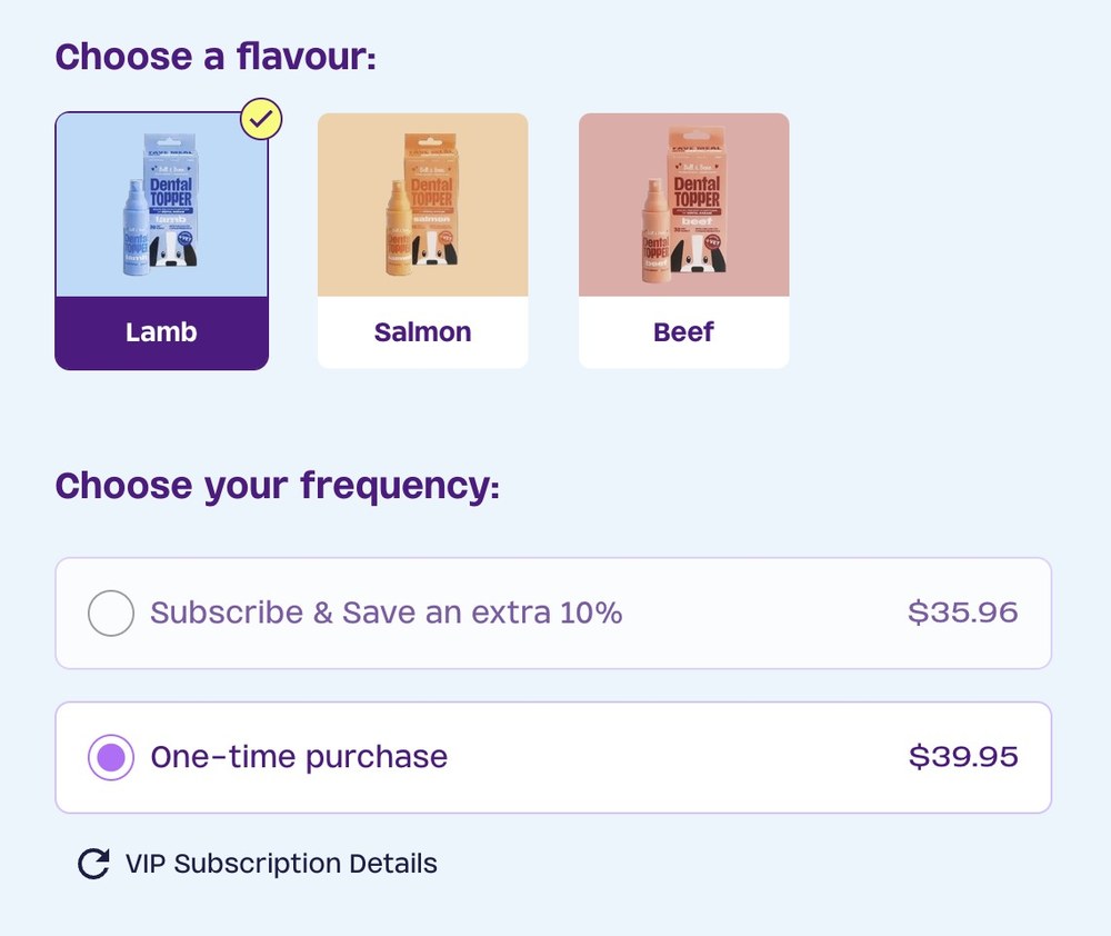 Flavour selection above subscribe-and-save and one-time purchase options
