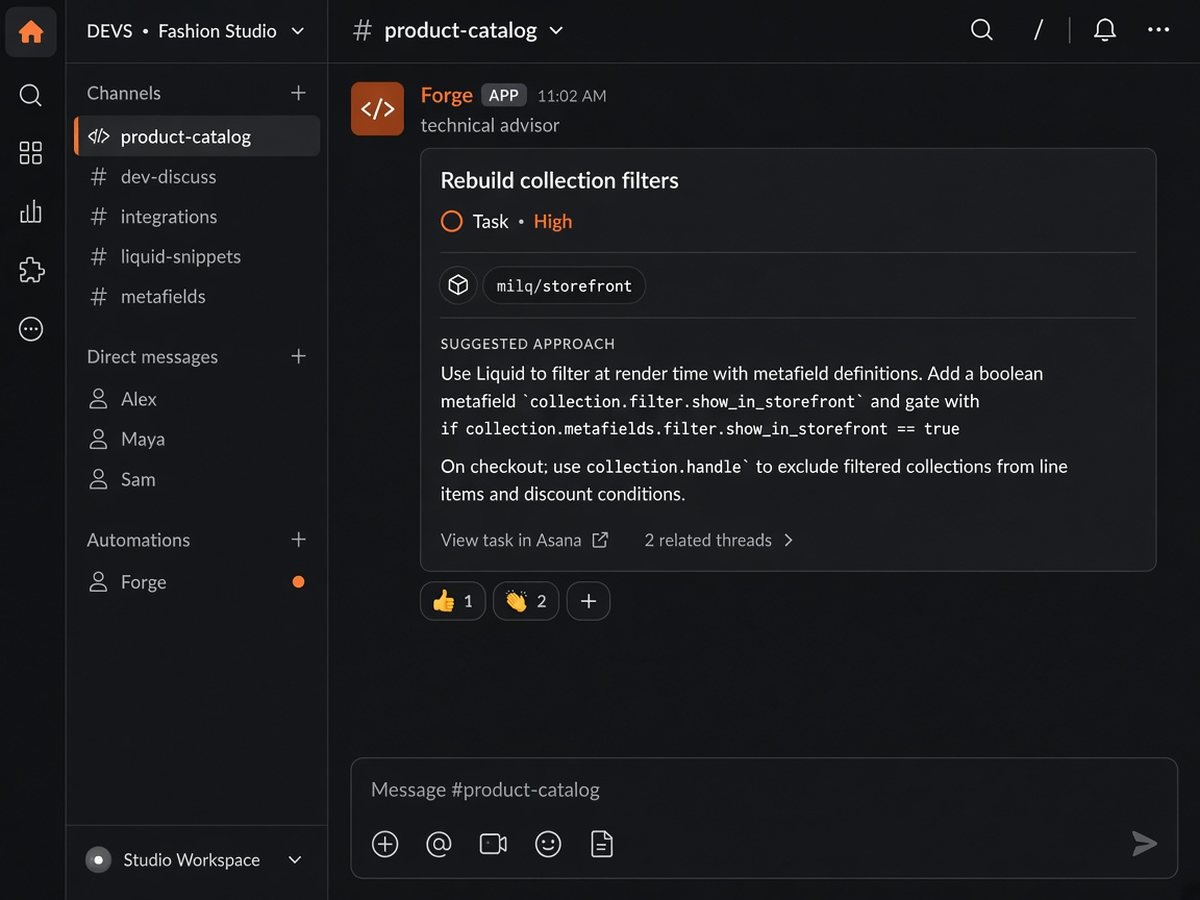 Forge posting a task, its mapped repo and a suggested approach in Slack