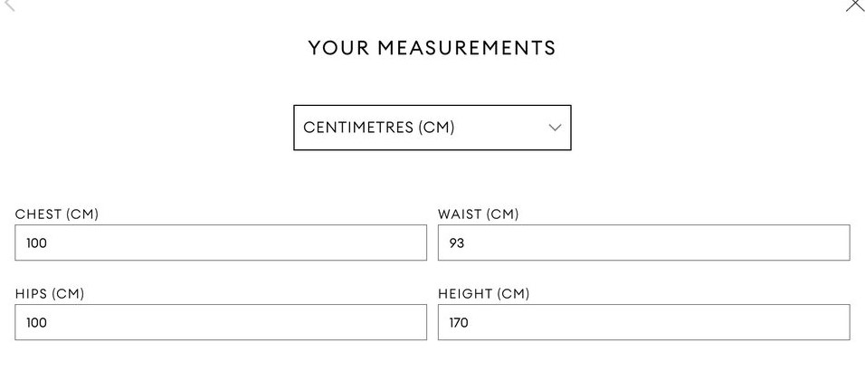 The Find My Size tool, with measurement fields and a fit preference slider